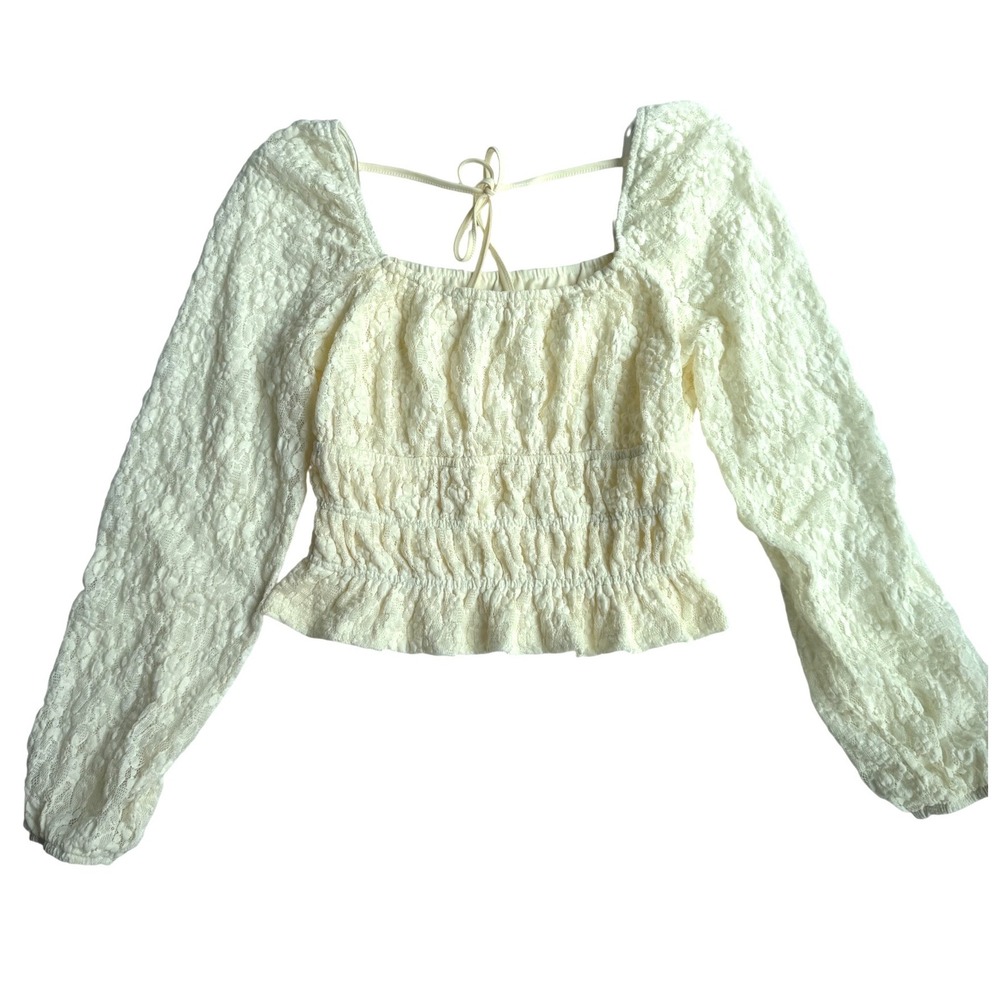 Love Fire Cream Lace Smocked Long Sleeve Crop Top Square Neck Tie‎ Back Medium